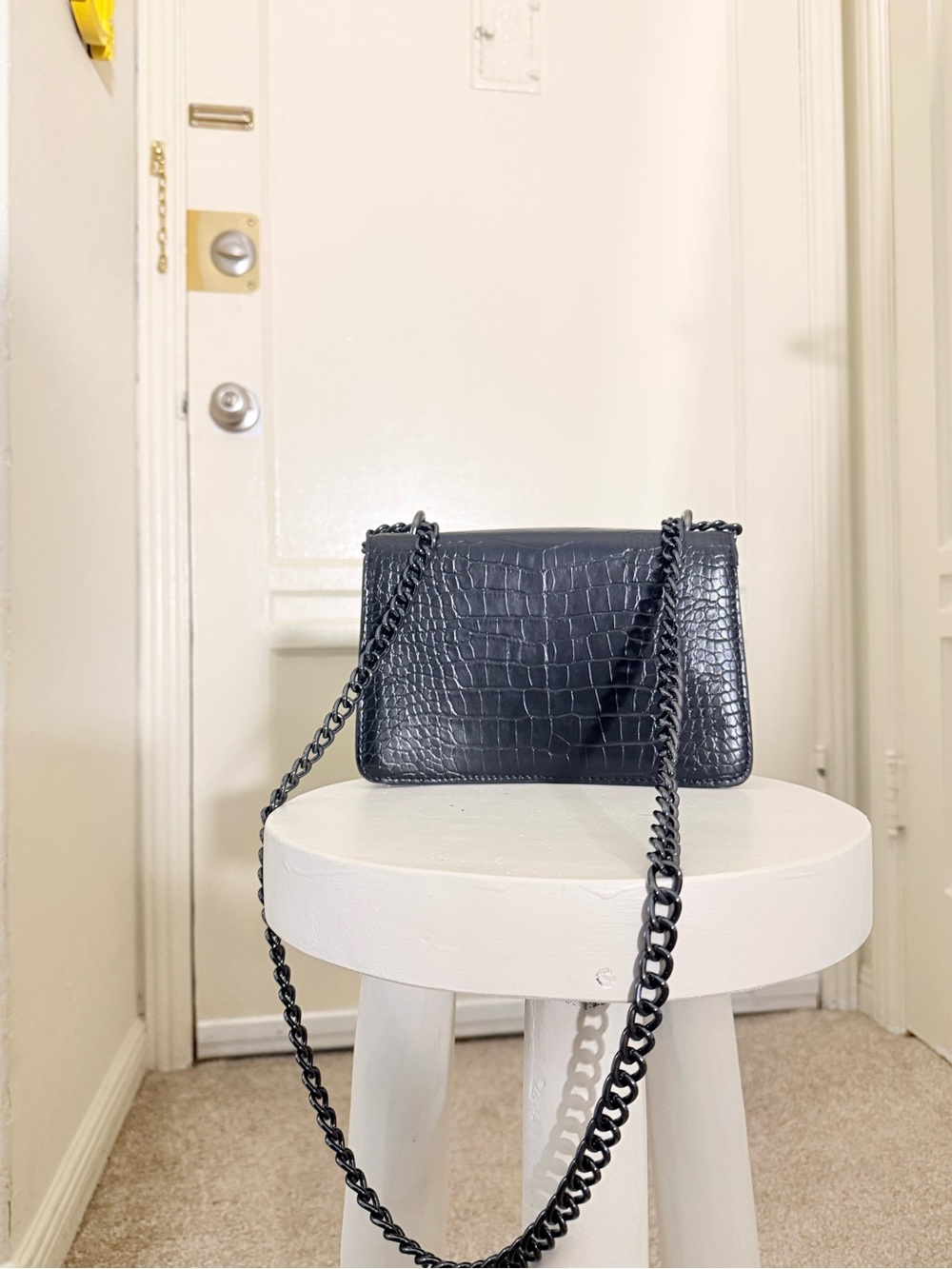 Black Croc-Embossed Leather Shoulder Bag with Silver Horsebit Accent - Picture 5 of 7